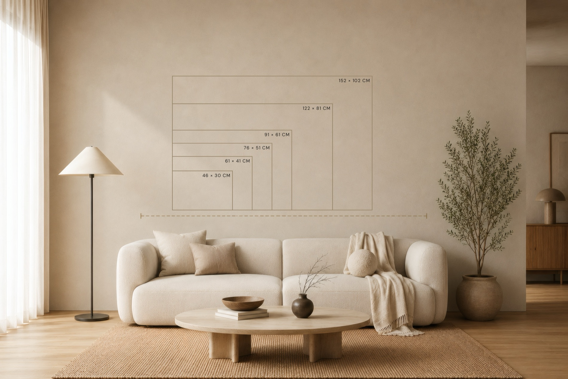 Größenvergleich im Raum — Querformate von 46 × 30 cm bis 152 × 102 cm